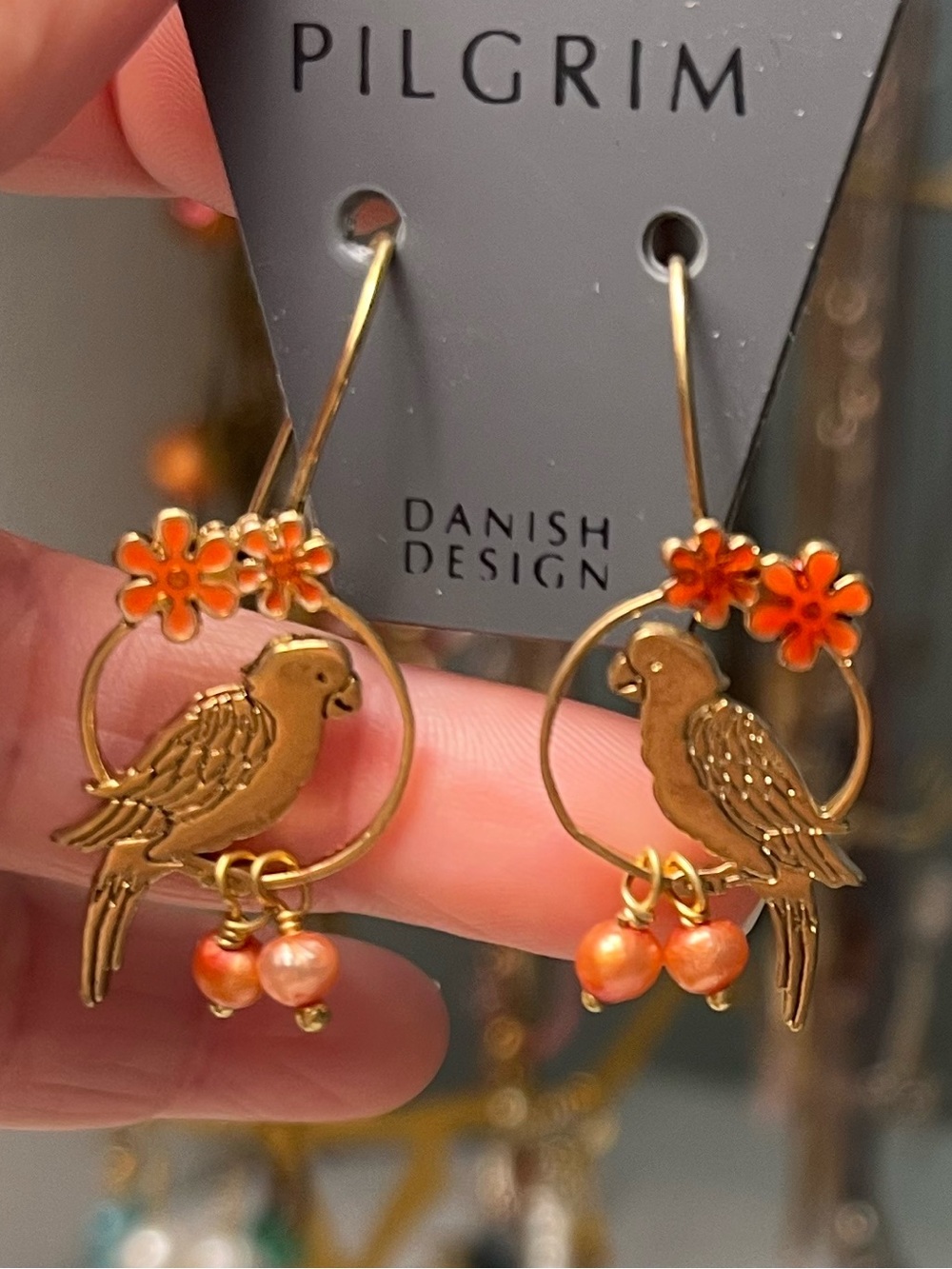 Pilgrim Gold Parrot Hoop Earrings with Orange Flower Accents